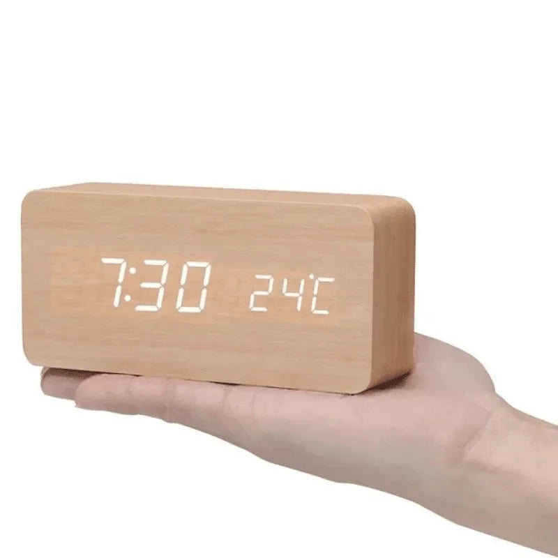 Wooden LED Alarm Clock with Voice Control