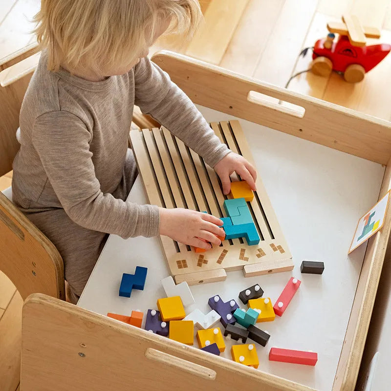 Wooden Montessori Tetris Stacking Puzzle with Challenge Cards