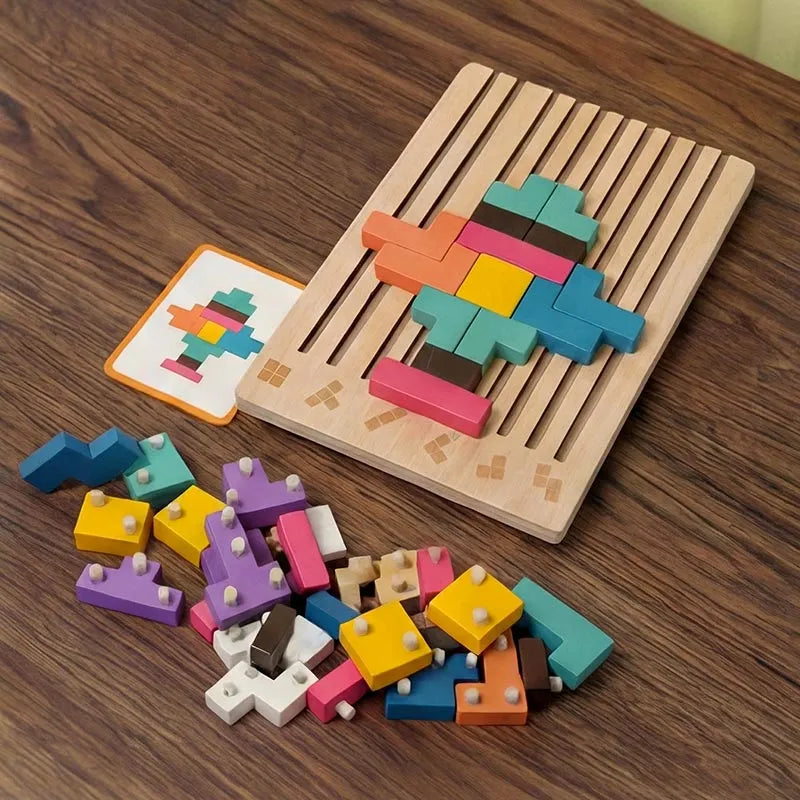 Wooden Montessori Tetris Stacking Puzzle with Challenge Cards