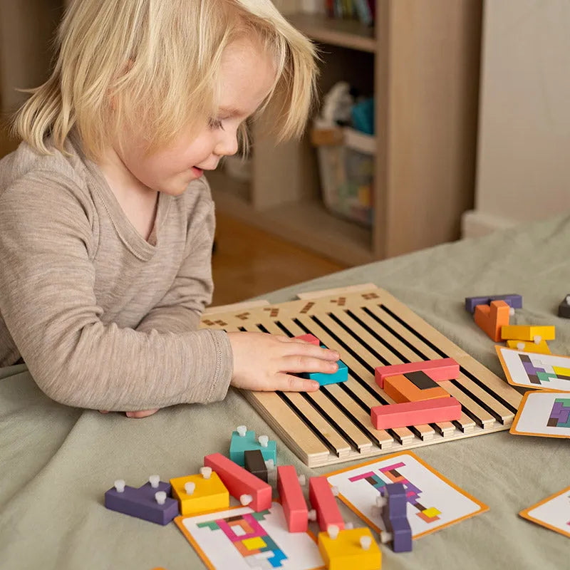 Wooden Montessori Tetris Stacking Puzzle with Challenge Cards