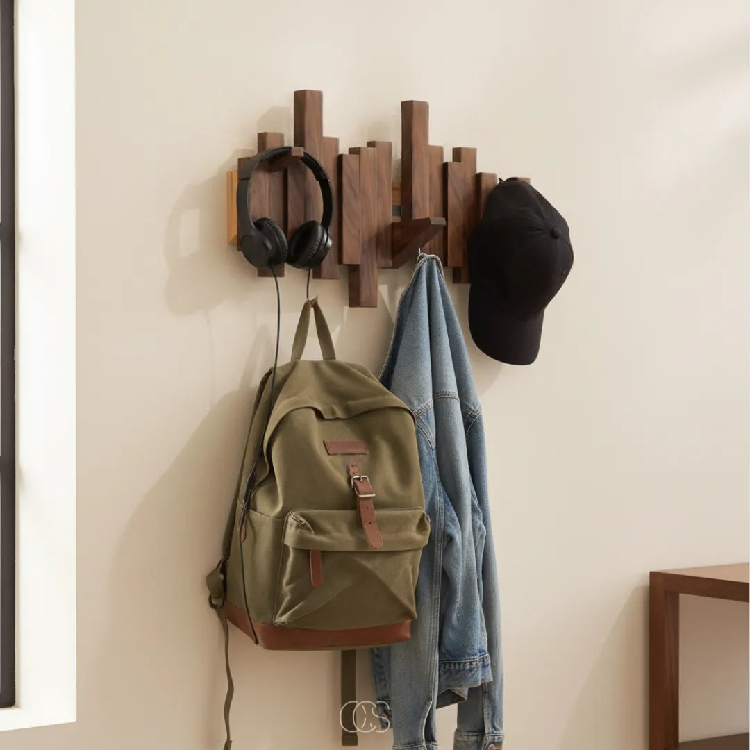 Wooden Piano Wall Coat Rack with Foldable Hooks