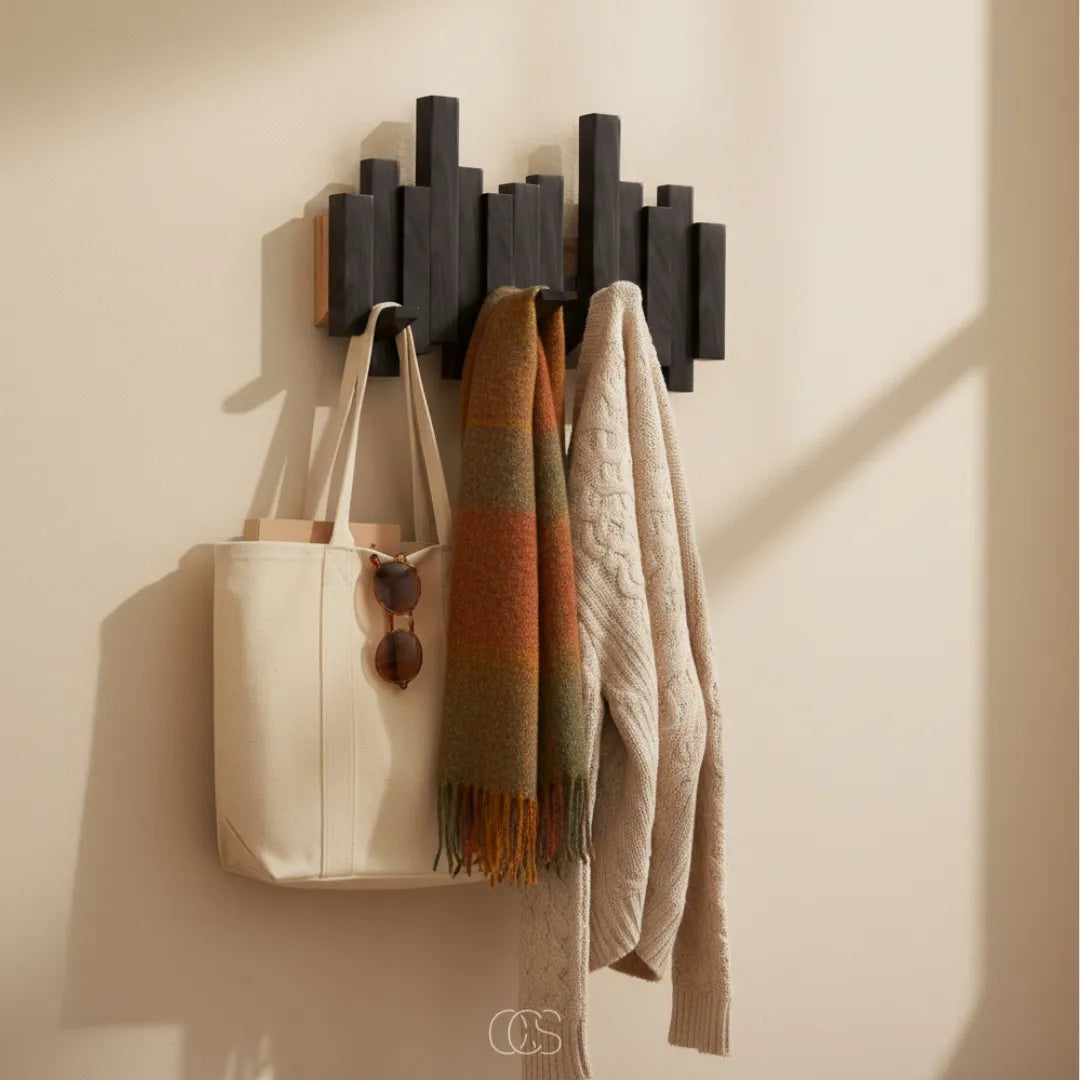 Wooden Piano Wall Coat Rack with Foldable Hooks