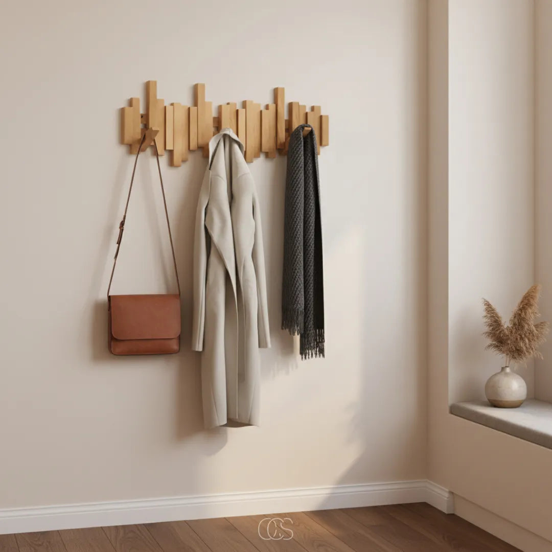 Wooden Piano Wall Coat Rack with Foldable Hooks
