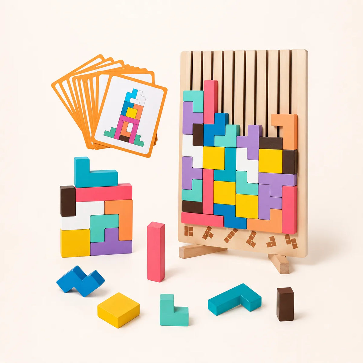 Wooden Tetris Puzzle Game with Challenge Cards and Stand