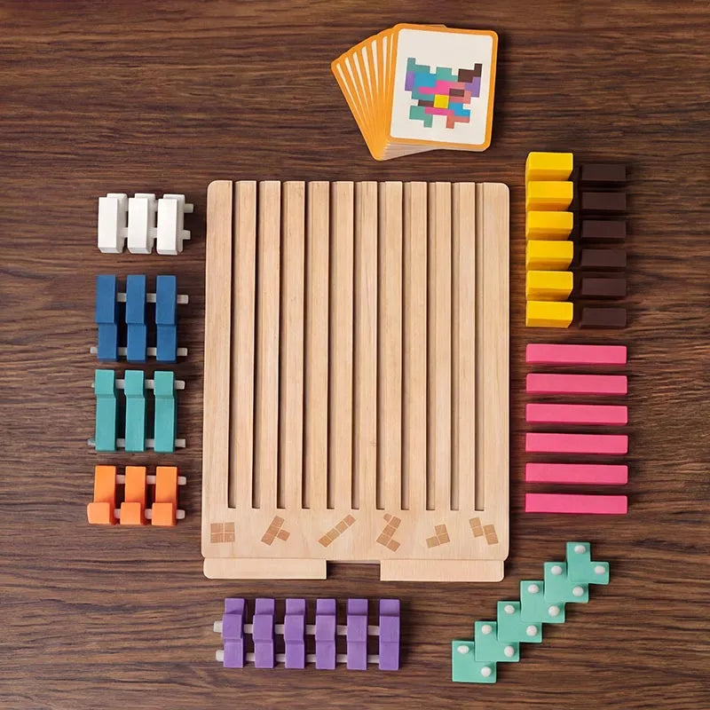 Wooden Tetris Puzzle Game with Challenge Cards and Stand