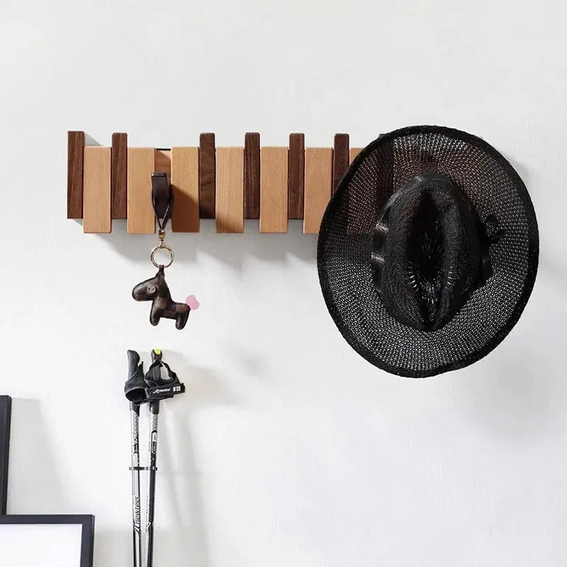 Wooden Wall Coat Rack with Foldable Hooks