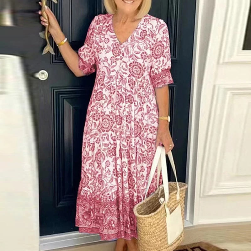 Florina - Boho-Kleid mit Blumenmuster und V-Ausschnitt für Damen