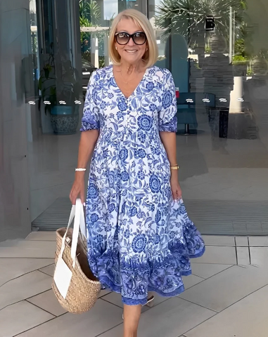 Florina - Boho-Kleid mit Blumenmuster und V-Ausschnitt für Damen