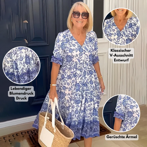 Florina - Boho-Kleid mit Blumenmuster und V-Ausschnitt für Damen
