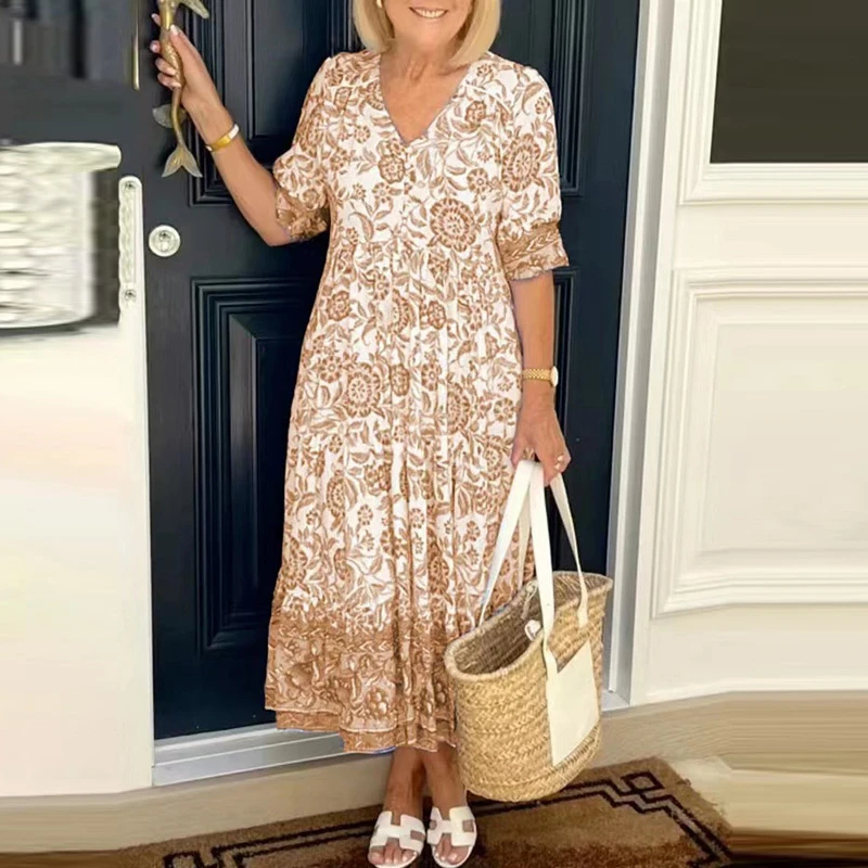 Florina - Boho-Kleid mit Blumenmuster und V-Ausschnitt für Damen