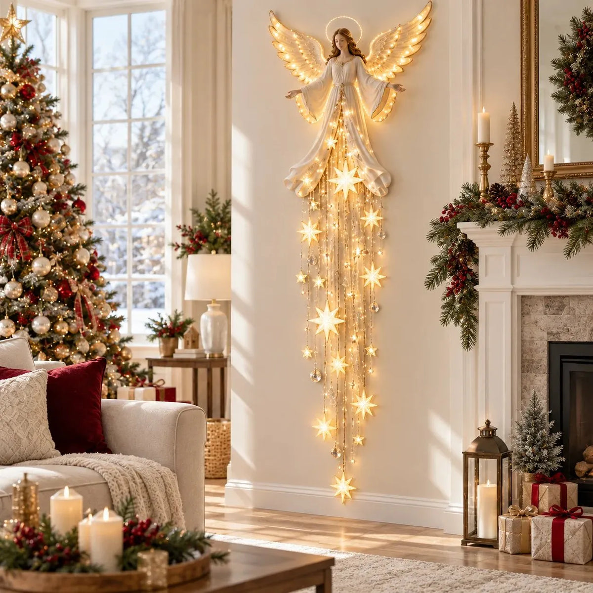 Angel Christmas Wall Light with Halo and Cascading Stars