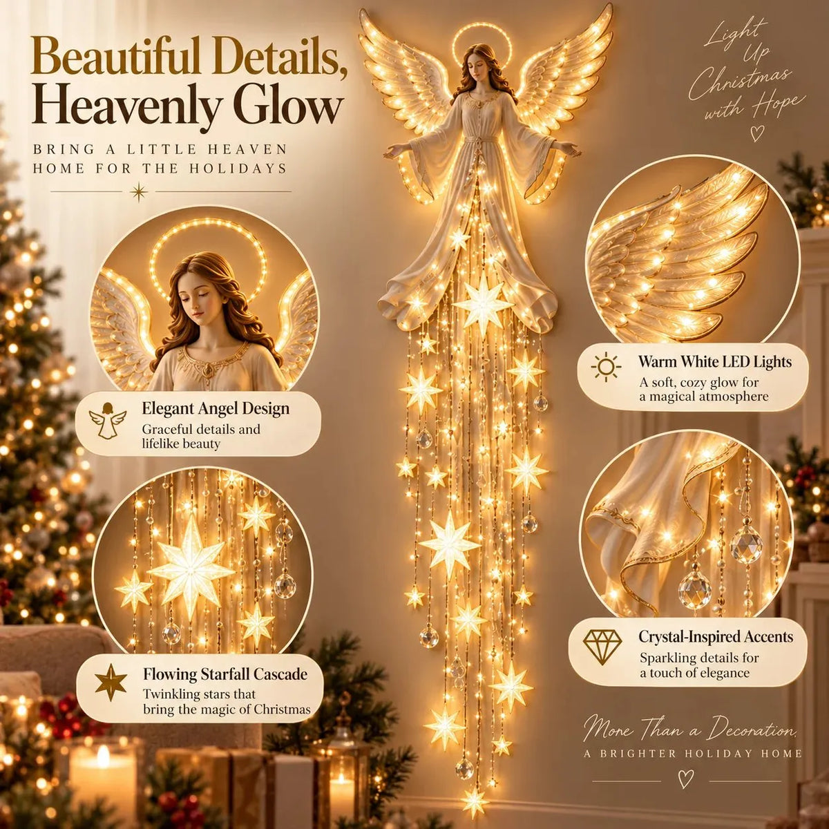 Angel Christmas Wall Light with Halo and Cascading Stars