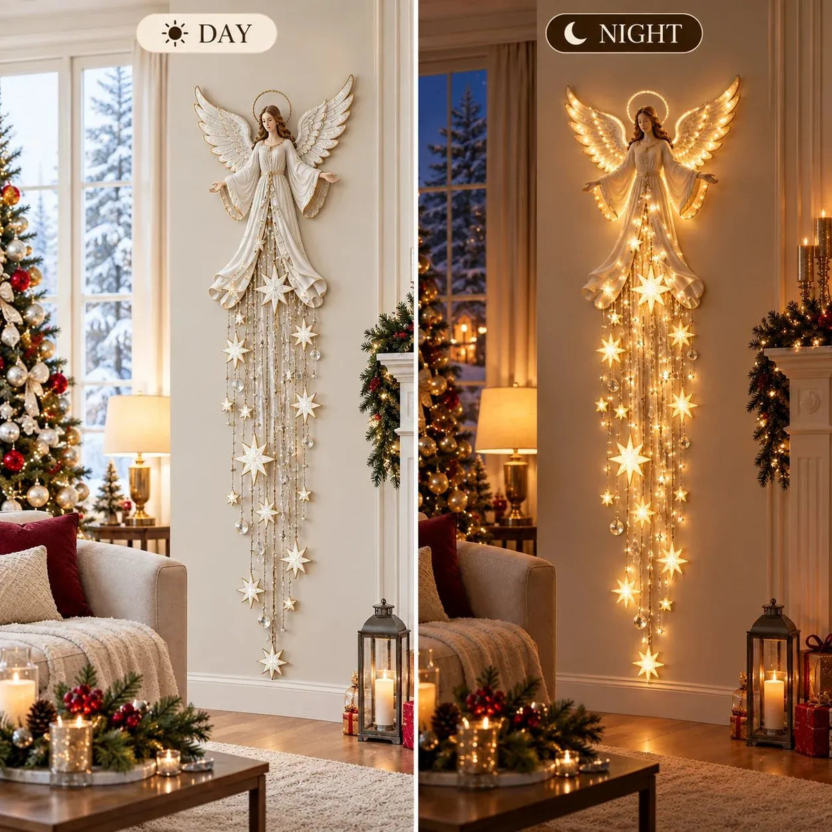 Angel Christmas Wall Light with Halo and Cascading Stars