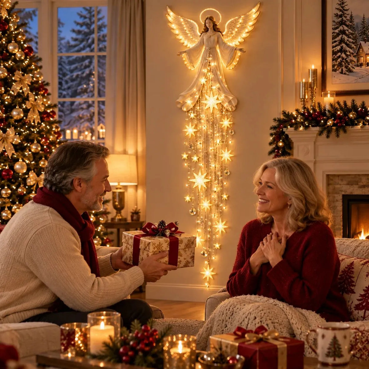 Angel Christmas Wall Light with Halo and Cascading Stars