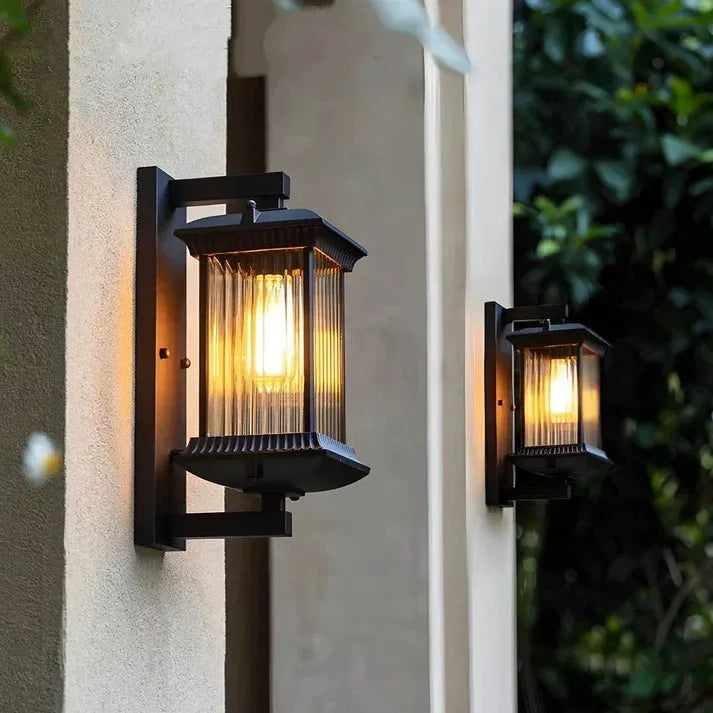 Classic Lantern Outdoor Wall Light with Ribbed Glass Panels