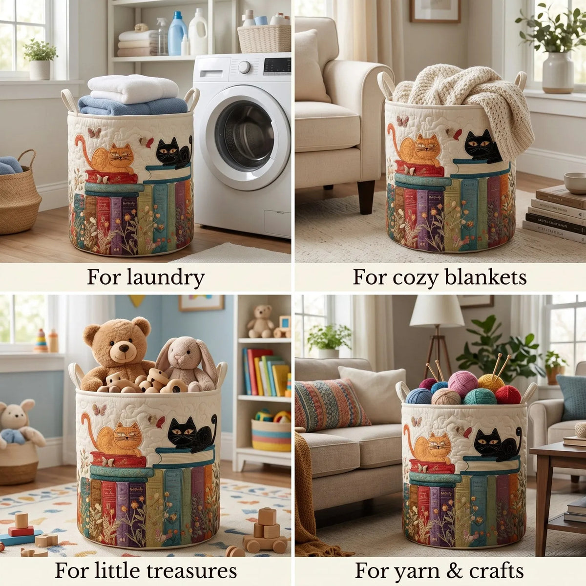 Collapsible Plaid Cat Laundry Basket with Handles