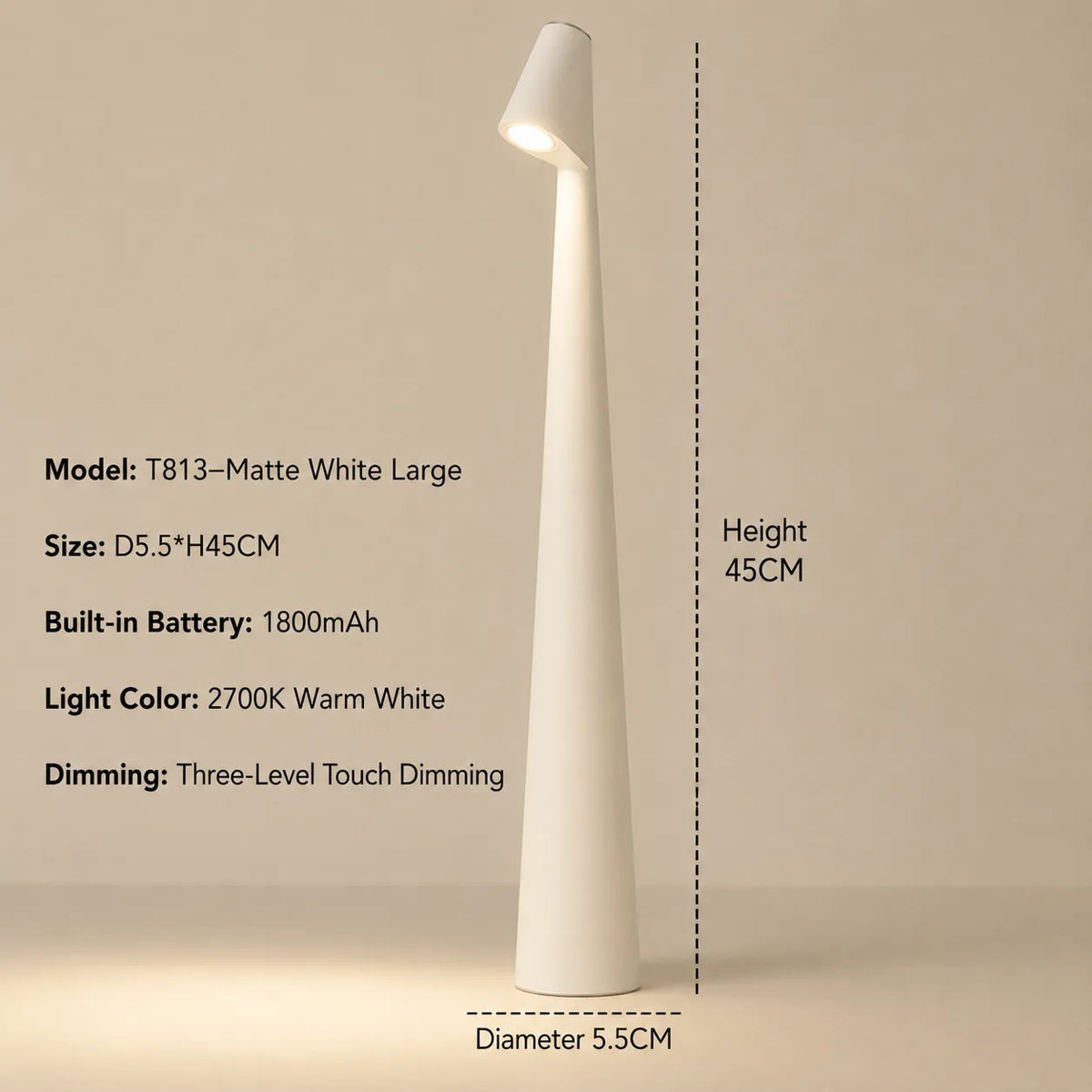 Cordless LED Table Lamp with 3-Level Touch Dimming