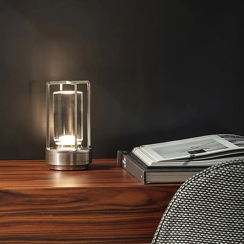 Cordless LED Table Lamp with Open Frame Cylindrical Shade