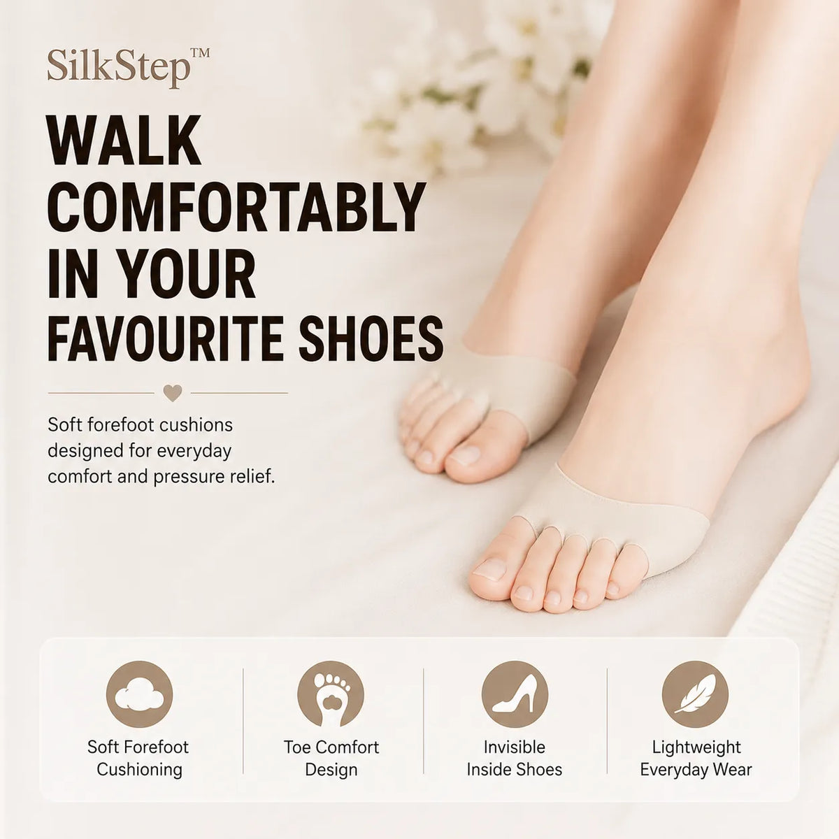 Cushioned Forefoot Insoles with Anti-Slip Grip for Everyday Footwear