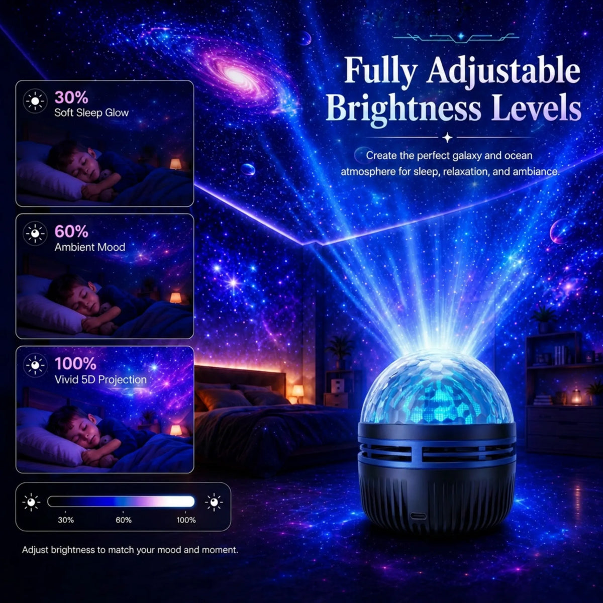 Dynamic Galaxy Sky Night Light Projector with Gooseneck