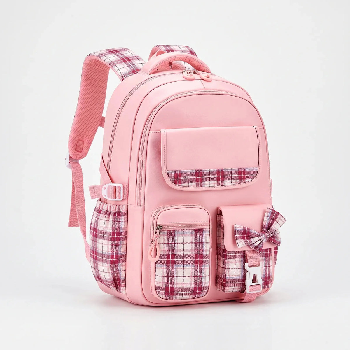 Ergonomic Structured School Backpack with Plaid Accents