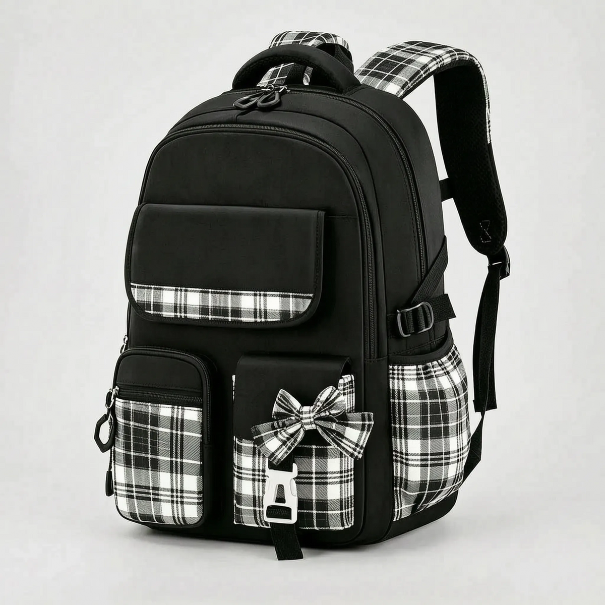 Ergonomic Structured School Backpack with Plaid Accents