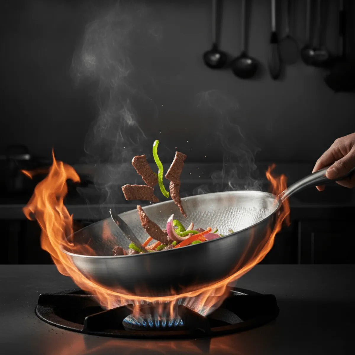 Hammered Titanium Flat Bottom Wok Pan with Ergonomic Handle
