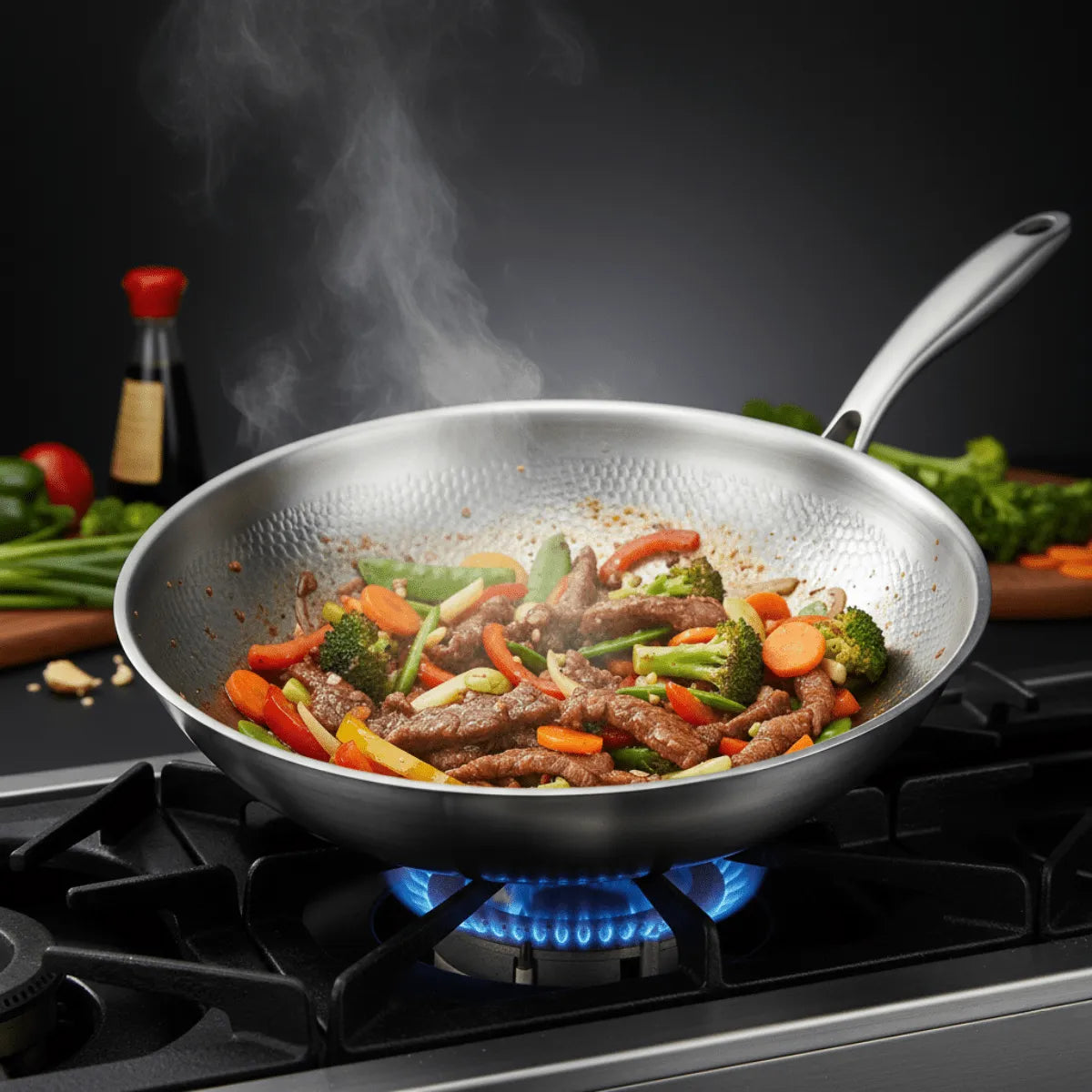 Hammered Titanium Flat Bottom Wok Pan with Ergonomic Handle