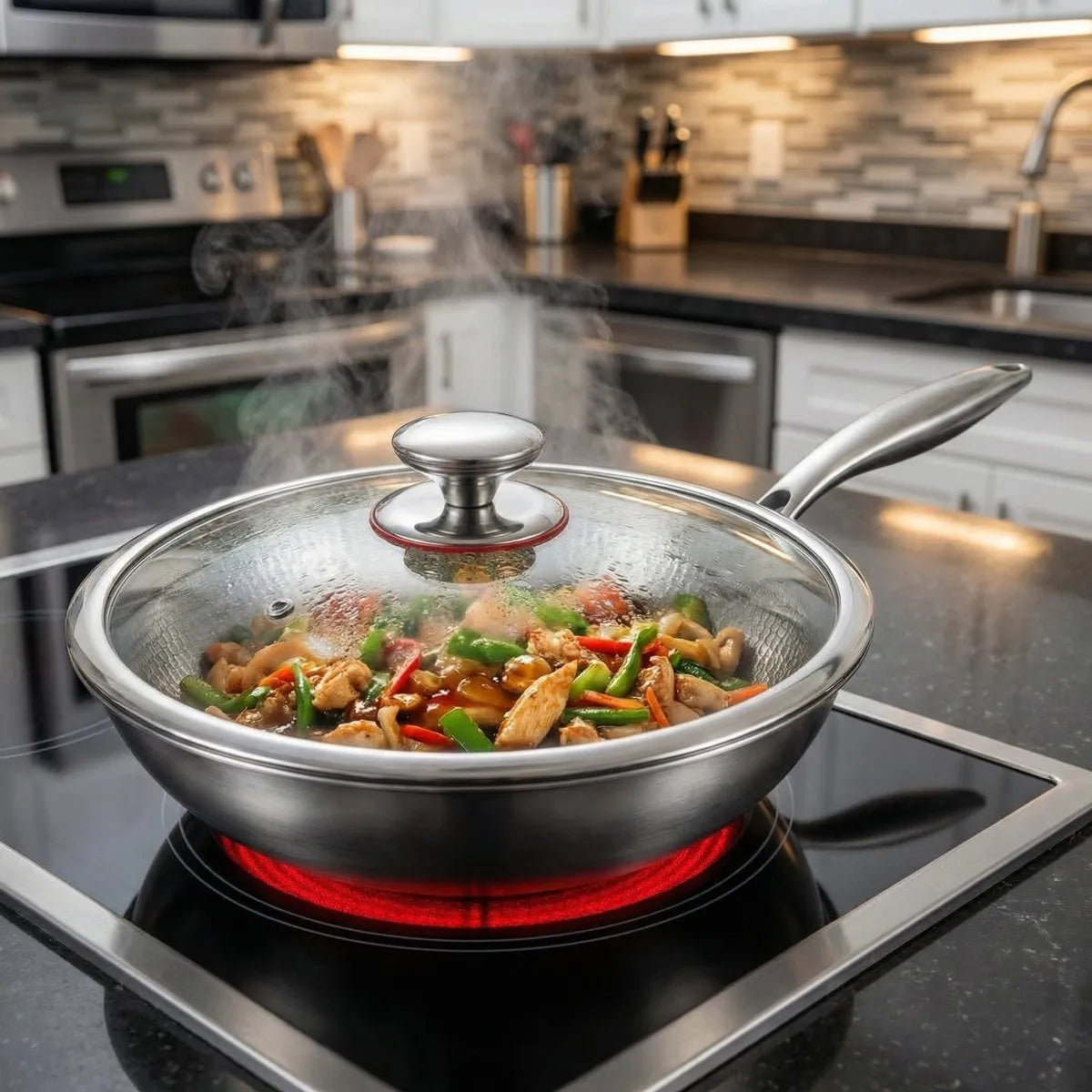Hammered Titanium Flat Bottom Wok Pan with Ergonomic Handle
