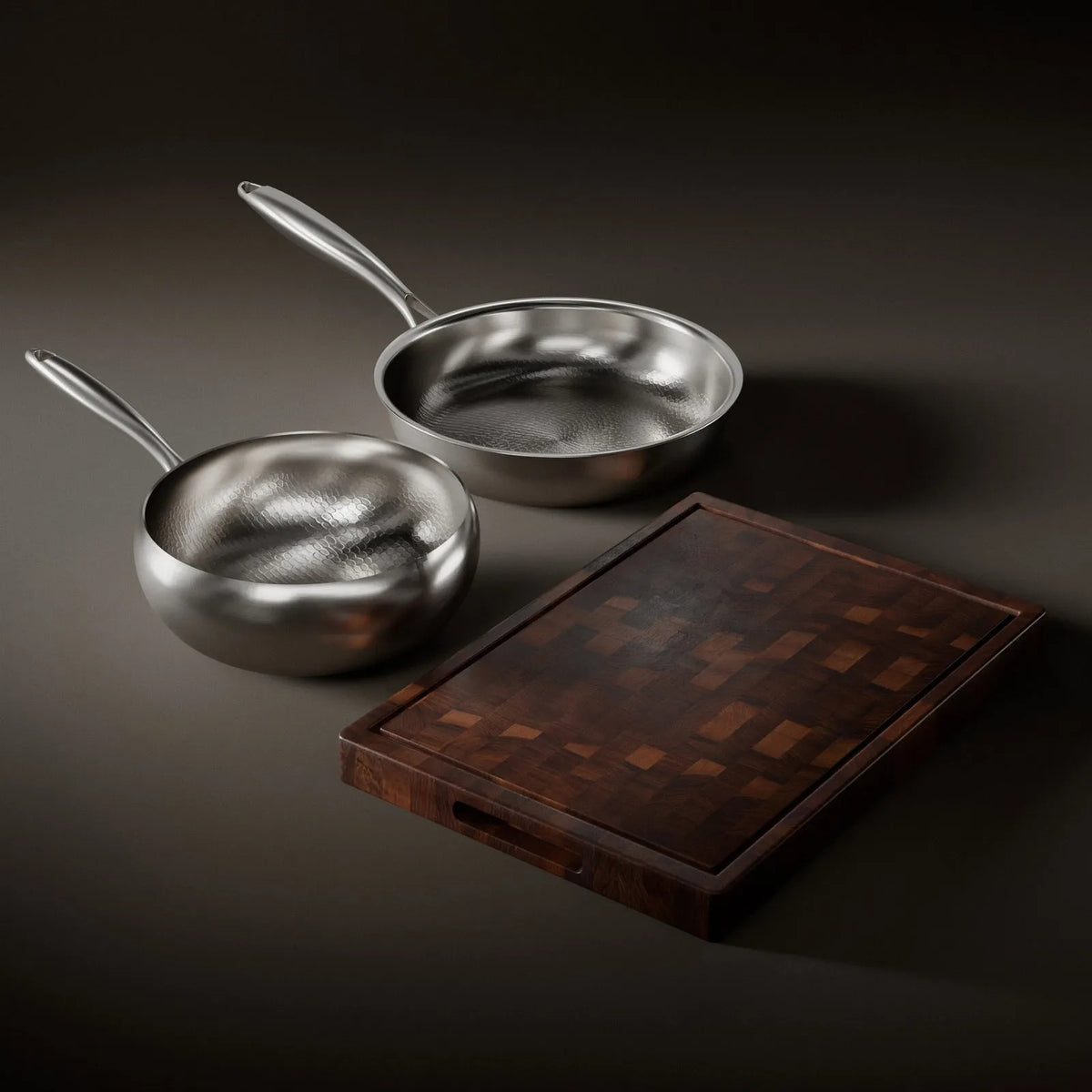 Hammered Titanium Skillet and Sauté Pan Set with Walnut Board and Utensils