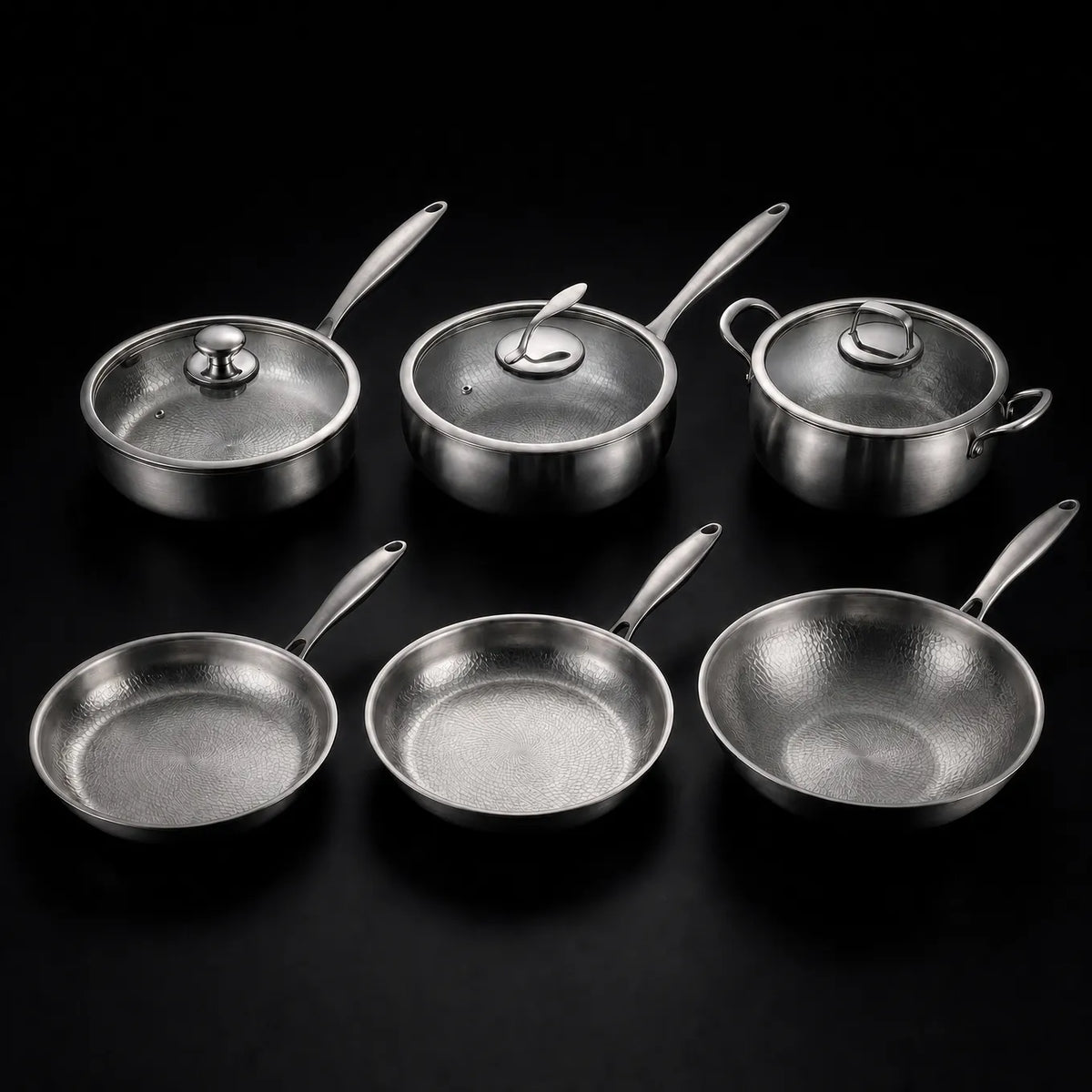 Hand-Hammered Pure Titanium Cookware Set with 3 Lids