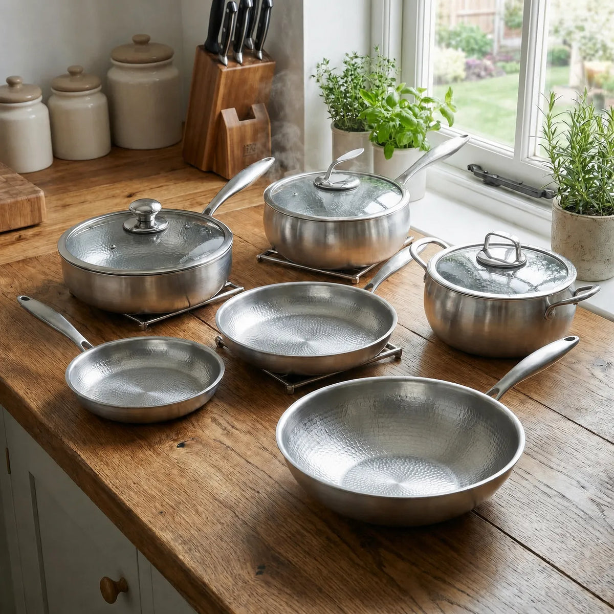Hand-Hammered Pure Titanium Cookware Set with 3 Lids