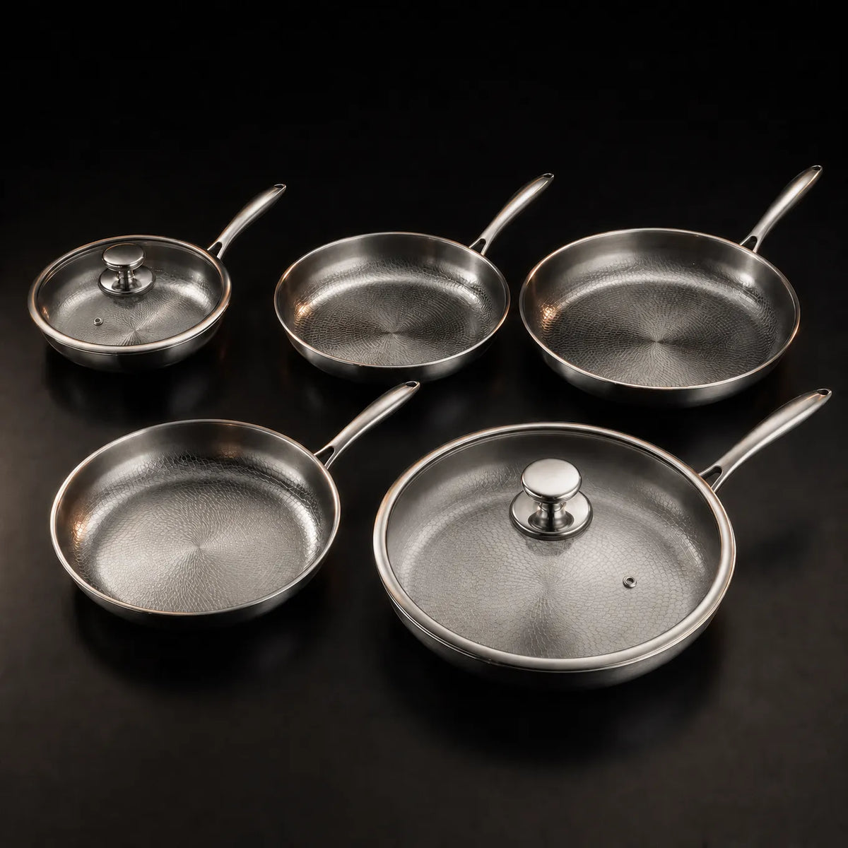 Hand-Hammered Titanium Frying Pan Set with Lids
