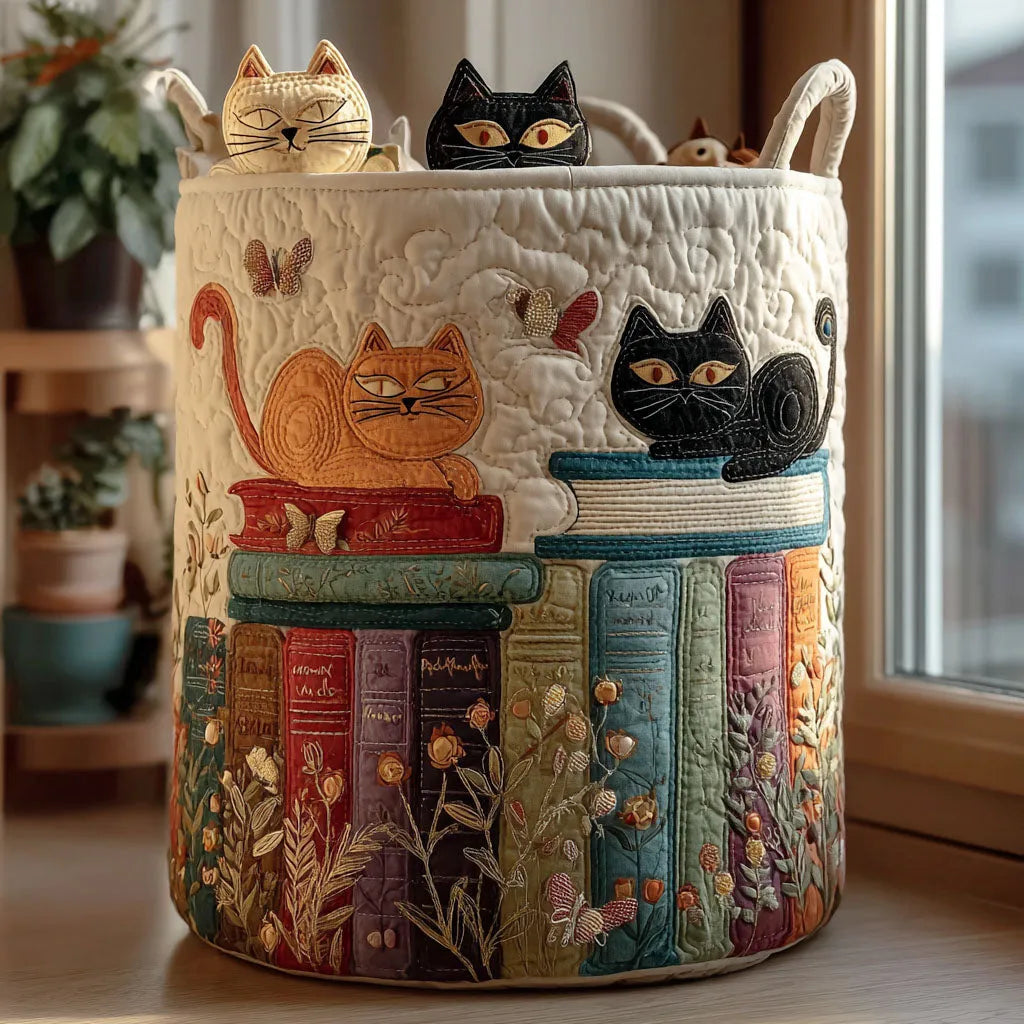 Hand-Quilted Fabric Storage Basket with Embroidered Cat Motif