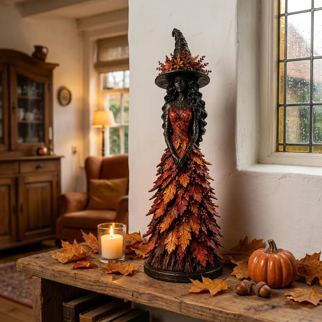 Handmade Autumn Witch Figurine with Hand-Painted Leaf Details