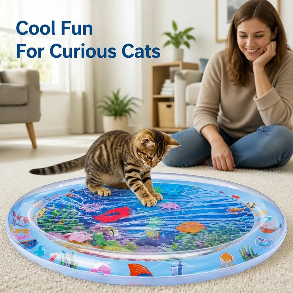 Inflatable Cat Water Play Mat with Floating Fish