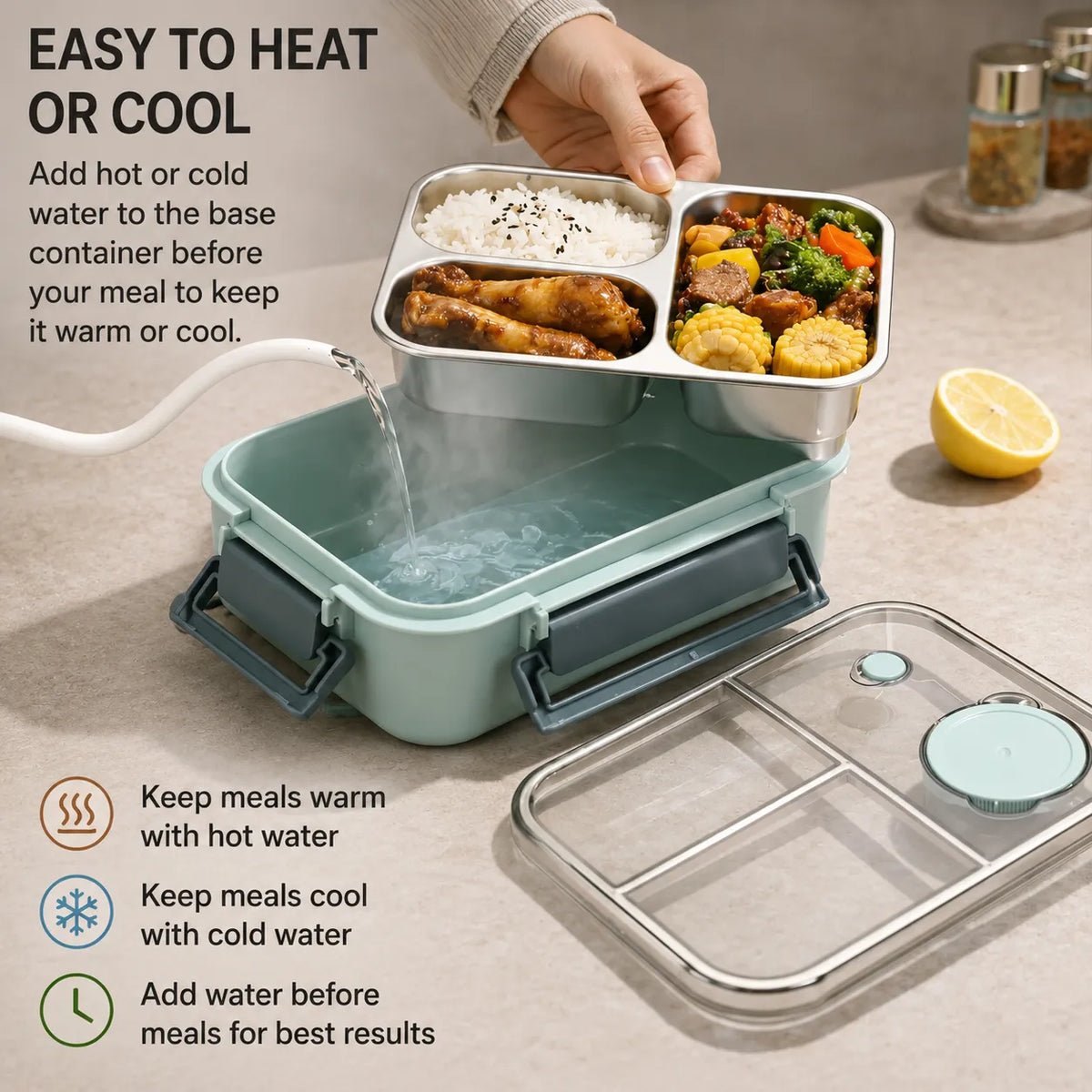 Insulated Thermal Lunch Box with Stainless Steel Compartments
