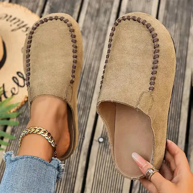 Leather Slip-On Sandals with Soft Suede-Like Upper and Flat Sole