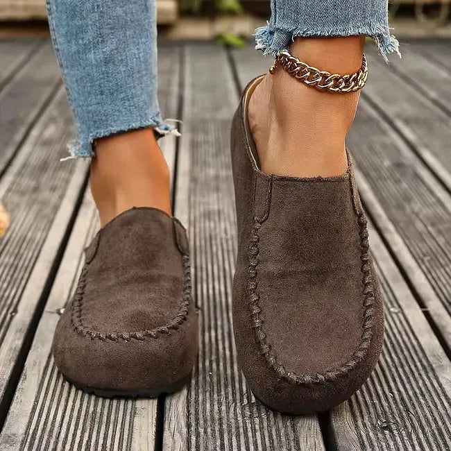 Leather Slip-On Sandals with Soft Suede-Like Upper and Flat Sole