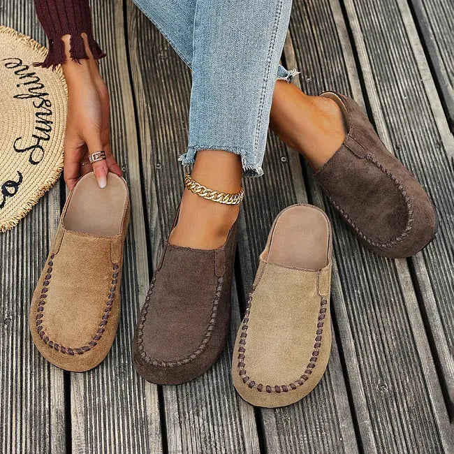 Leather Slip-On Sandals with Soft Suede-Like Upper and Flat Sole