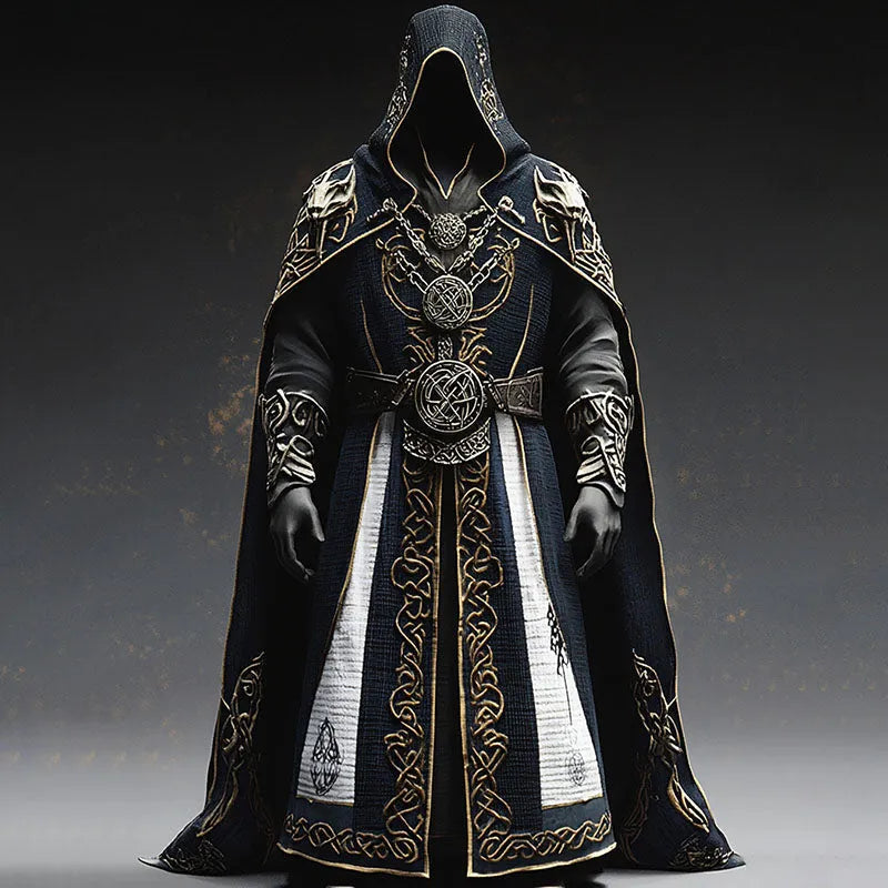 Men's Black Hooded Medieval Cloak with Celtic Embroidery