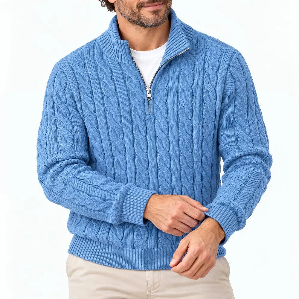 Men's Cable Knit Half-Zip Sweater with High Stand Collar