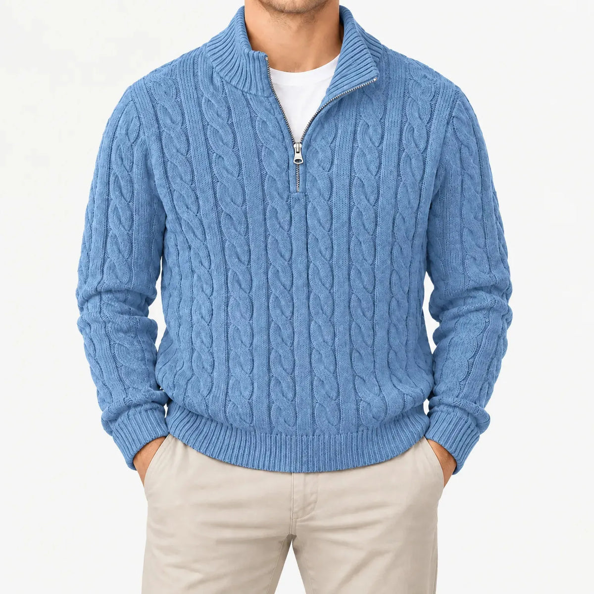 Men's Cable Knit Half-Zip Sweater with High Stand Collar