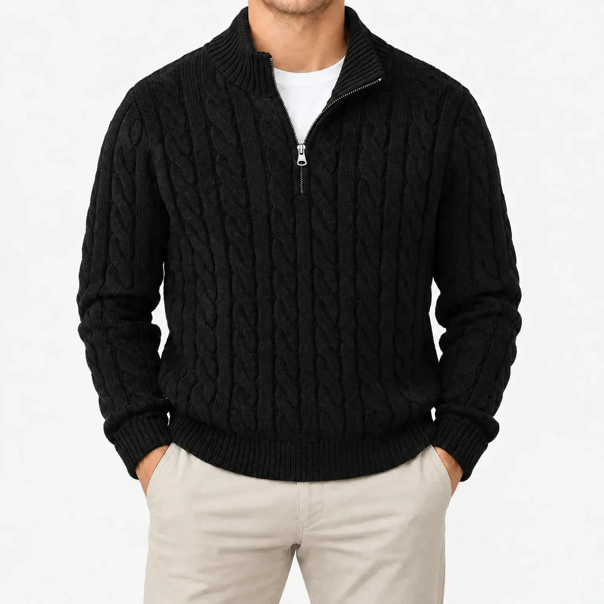 Men's Cable Knit Half-Zip Sweater with High Stand Collar