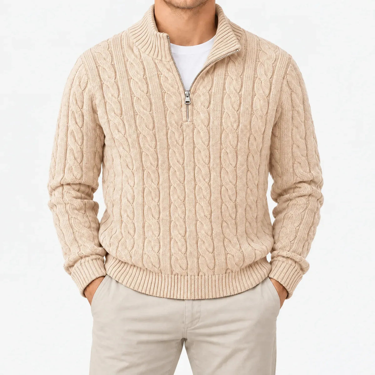 Men's Cable Knit Half-Zip Sweater with High Stand Collar