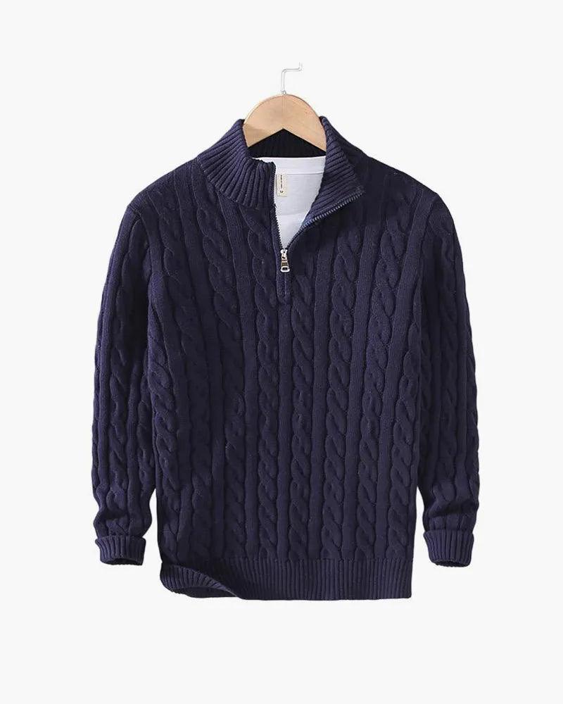 Men's Cable Knit Half-Zip Sweater with High Stand Collar