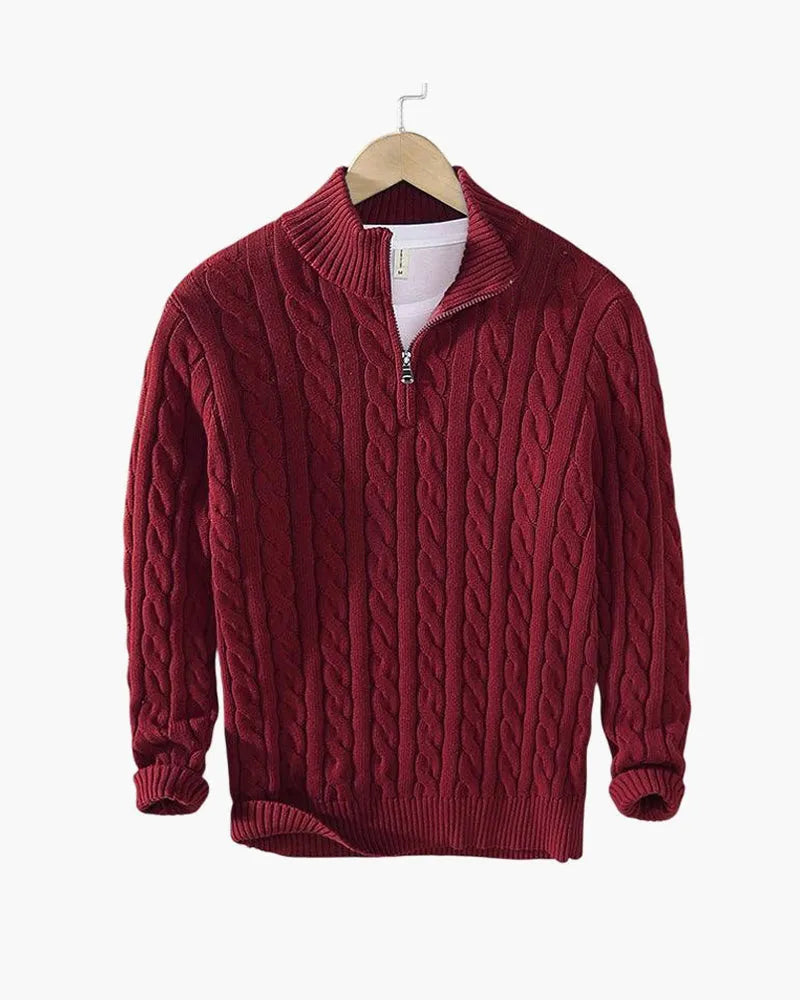 Men's Cable Knit Half-Zip Sweater with High Stand Collar