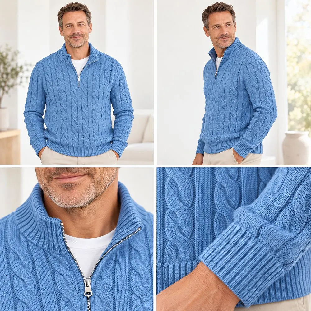 Men's Cable Knit Half-Zip Sweater with High Stand Collar