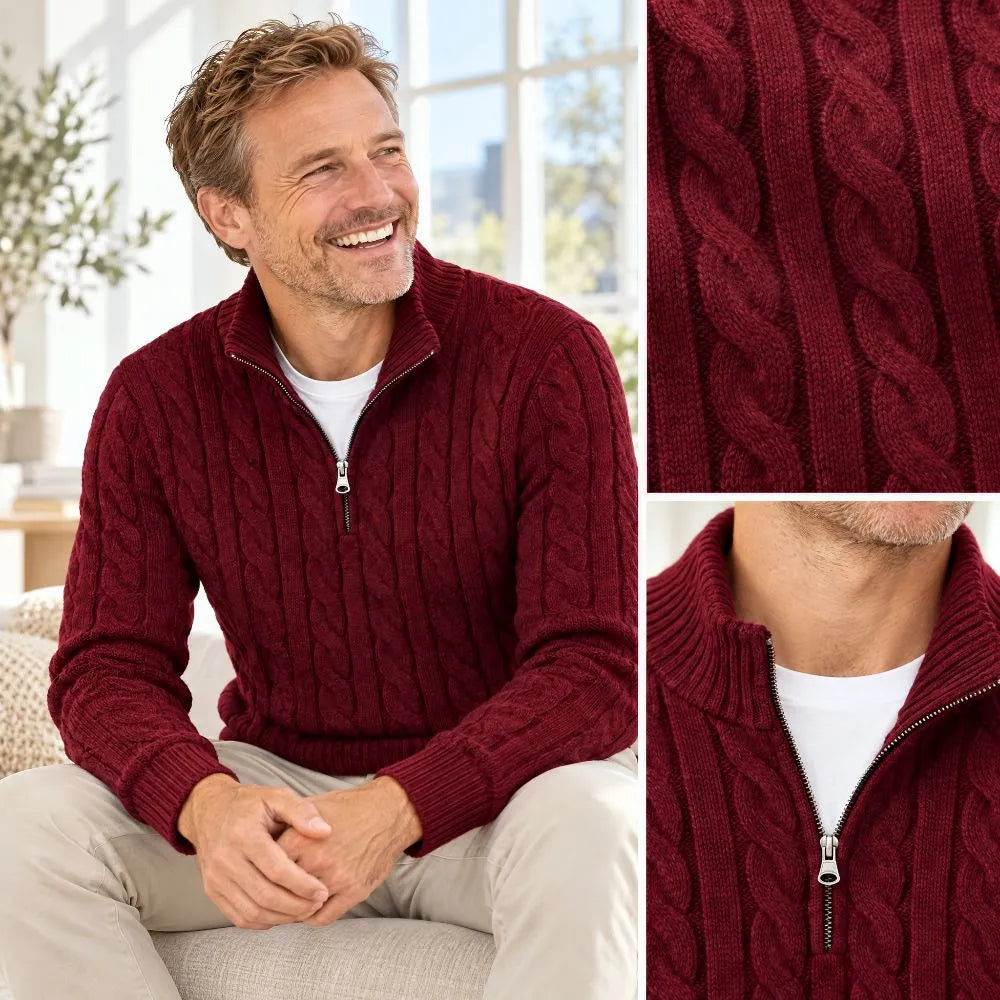 Men's Cable Knit Half-Zip Sweater with High Stand Collar