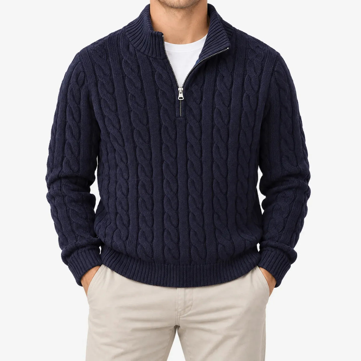 Men's Cable Knit Half-Zip Sweater with High Stand Collar